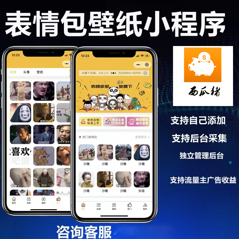西瓜猪表情包壁纸取图制作套图流量主小程序/表情包小程序公众号开发/流量主小程序开发